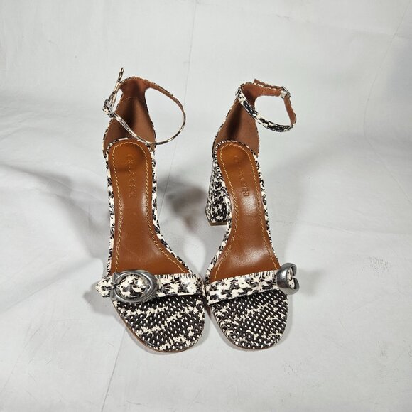 Coach Maya Snakeskin Print Sandals Block Heel Leather Women's Size 9 Black Cream - Picture 5 of 10